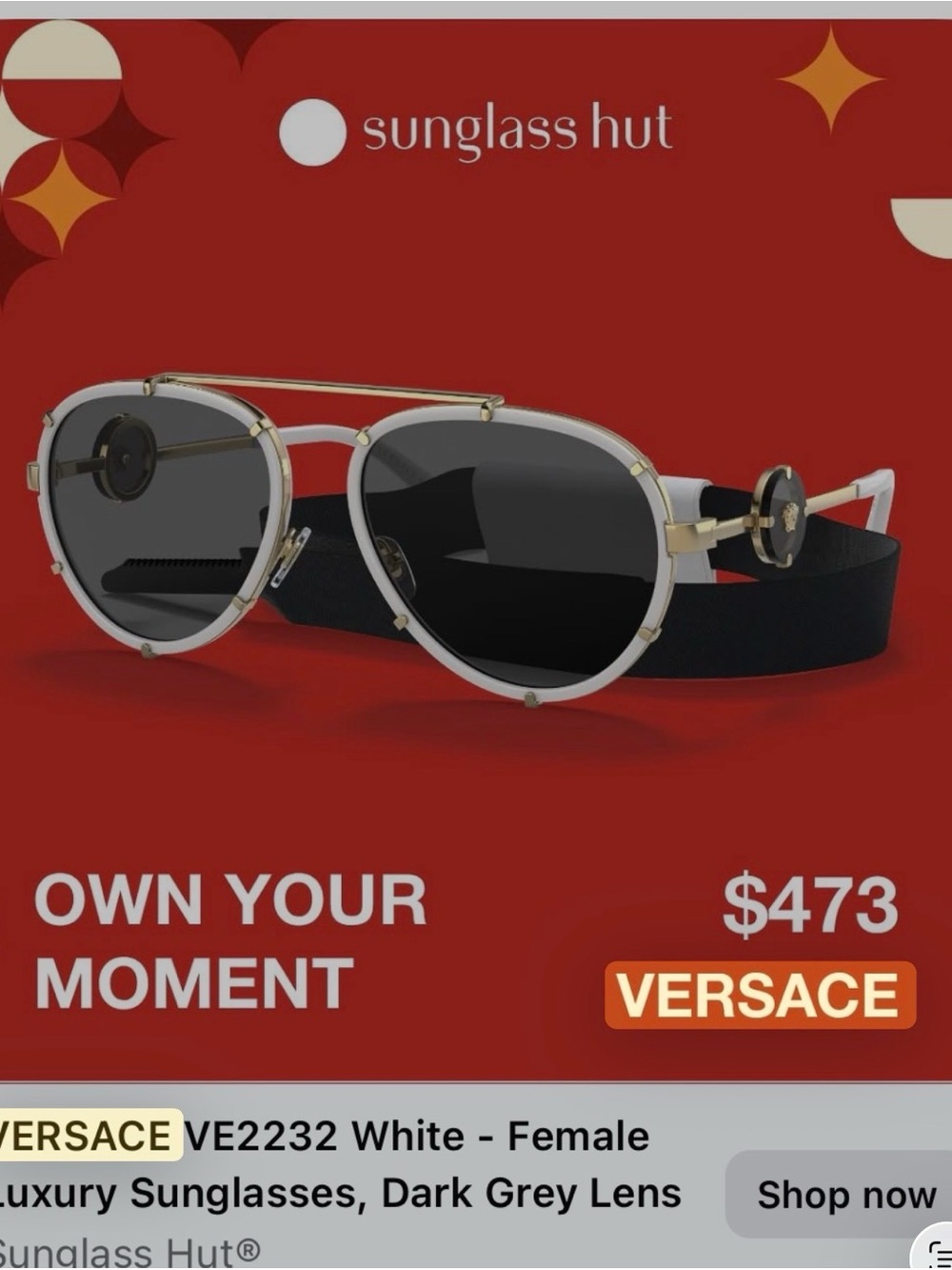 Versace White and Gold Pilot Sunglasses with Dark Grey Lenses and Black Strap